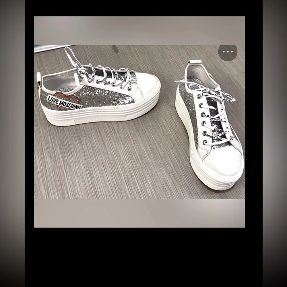 Love Moschino Leather platform sneakers Silver Glitter on White EU 38 = US 7.5